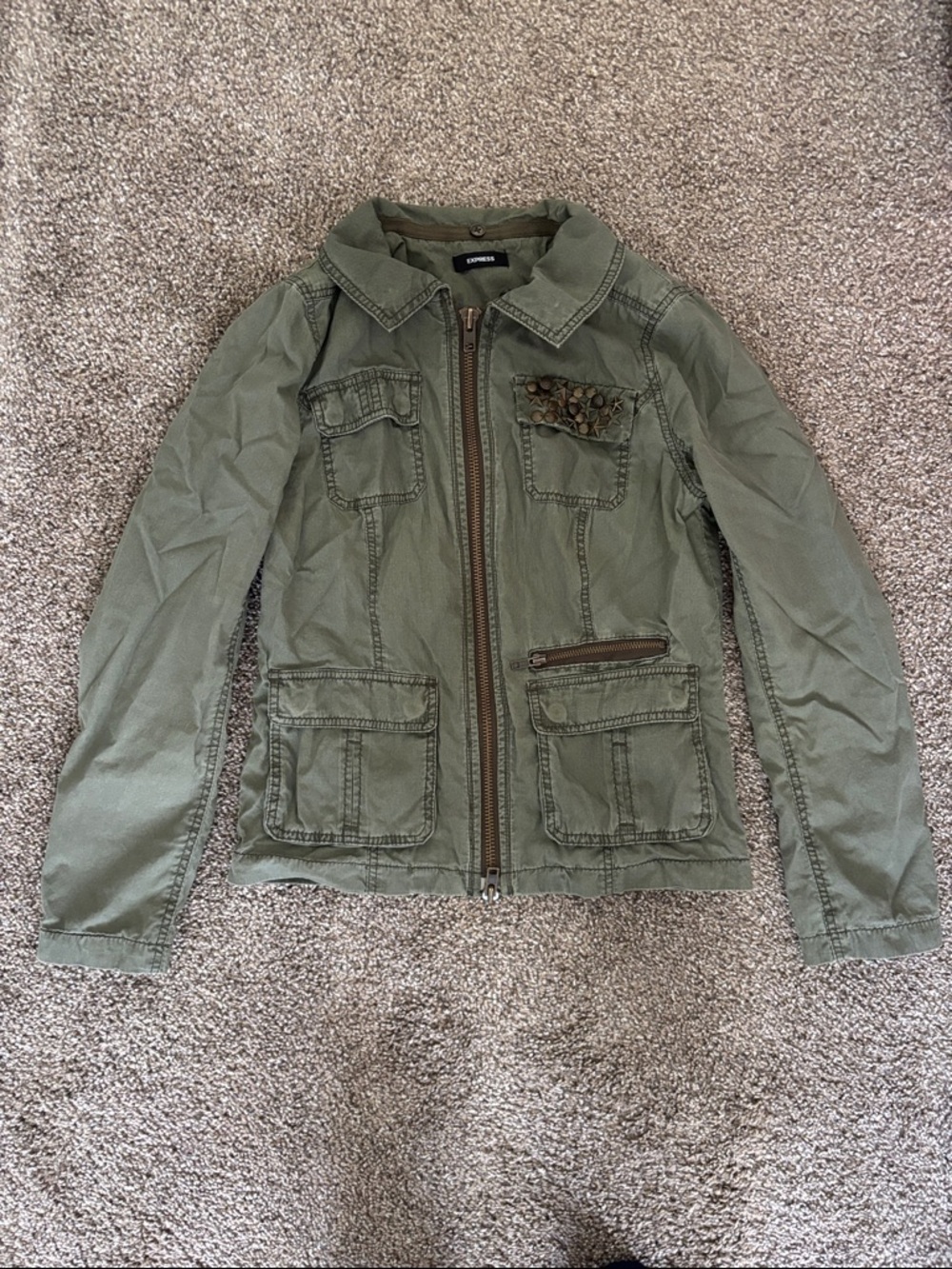 Express Olive Green Utility Zip Jacket with Stud Detail